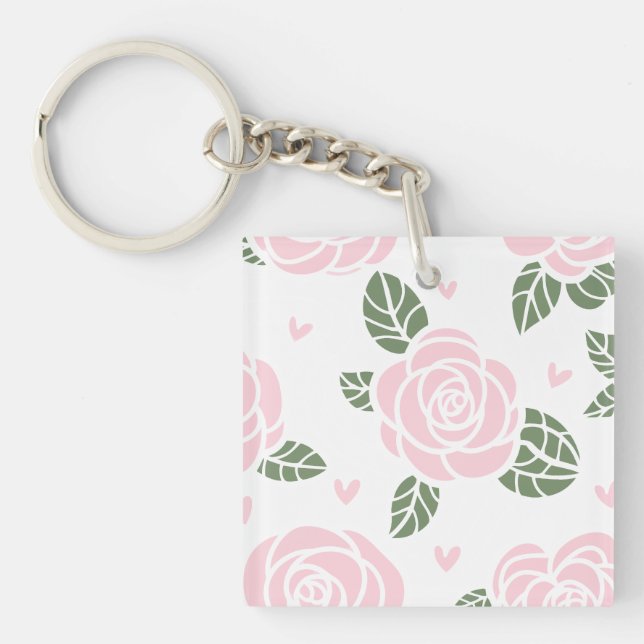 Pink Roses Pattern with Green Leaves and Hearts Keychain (Front)