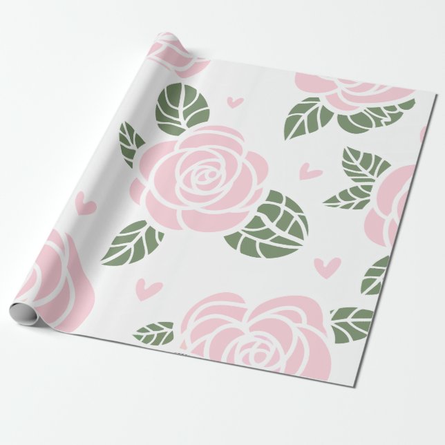Pink Roses Pattern with Green Leaves and Hearts Wrapping Paper (Unrolled)