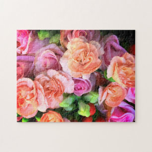 Pink Roses & Peach Carnations Bouquet Jigsaw Puzzle
