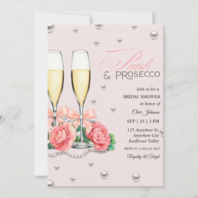 Pink Roses Pearls and Prosecco Bridal Shower  Invitation (Front)