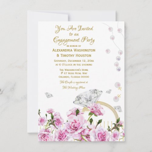 Pink Roses Pearls Diamond Ring Couples Engagement Invitation