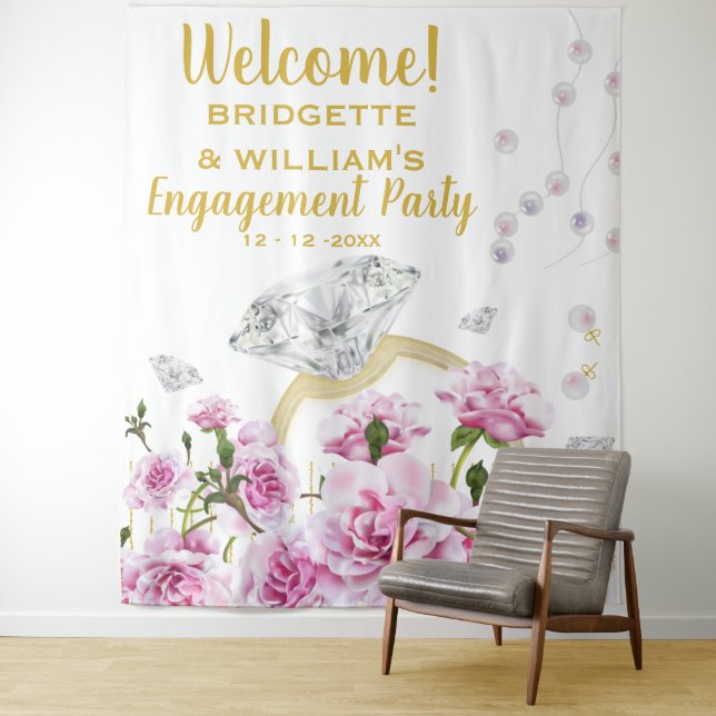 Pink Roses Pearls Engagement Ring Tapestry (In Situ)