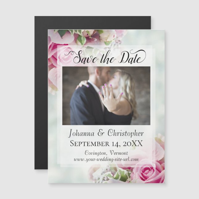Pink Roses & Peonies Photo Wedding Save the Date Magnetic Invitation (Front/Back)