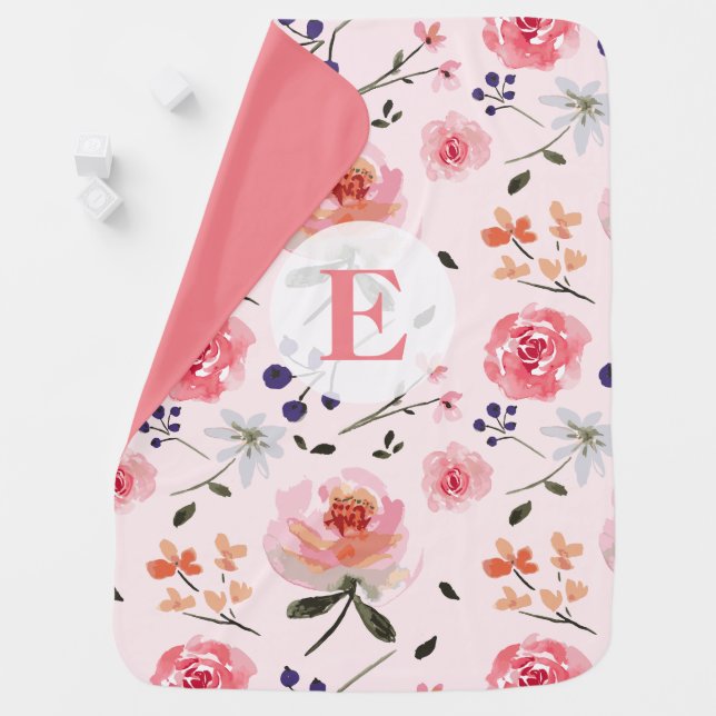 Pink Roses Peonies Watercolor floral Monogram Baby Blanket (In Situ)
