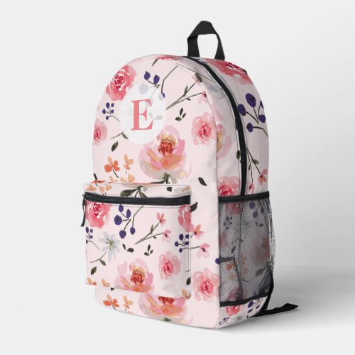 Pink Roses Peonies Watercolor floral Monogram Printed Backpack