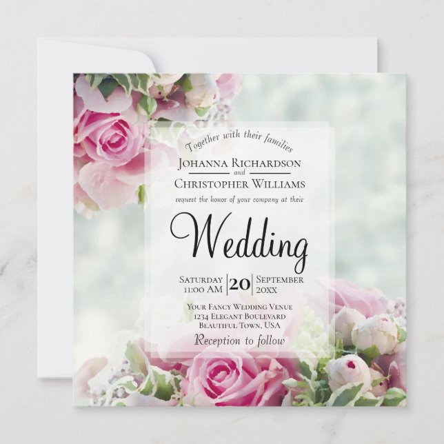 Pink Roses & Peony Buds Elegant Floral Wedding Invitation (Front)