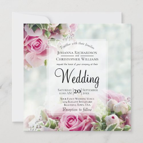 Pink Roses  Peony Buds Elegant Floral Wedding Invitation