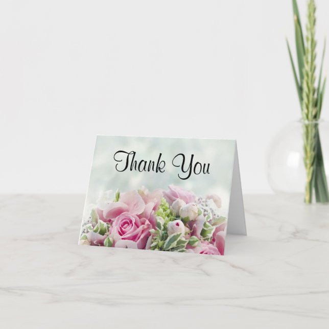 Pink Roses & Peony Buds Elegant Simple Thank You Card (Front)