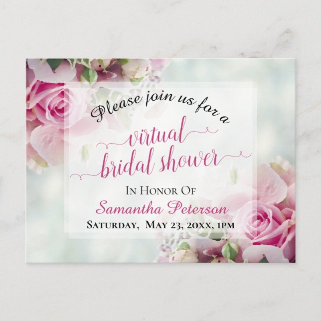 Pink Roses & Peony Buds Virtual Bridal Shower Invitation Postcard (Front)