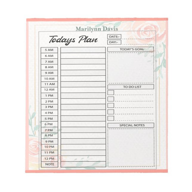 Pink roses personalized day plan notepad (Front)