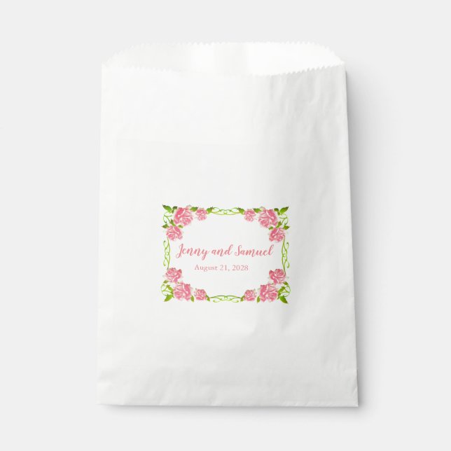 Pink Roses Personalized Wedding Cake Favor Bags (Front)