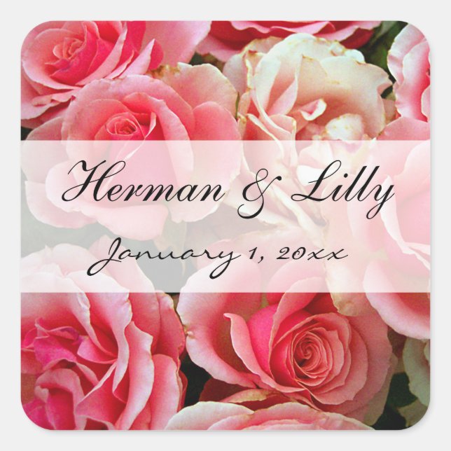 Pink Roses Personalized Wedding Square Sticker (Front)