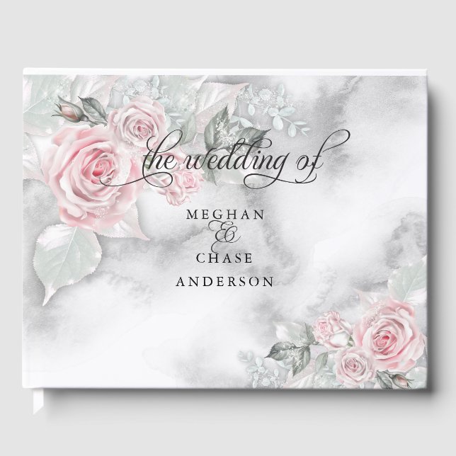Pink Roses Pewter Watercolor BarefootBride™ Guest Book (Front)
