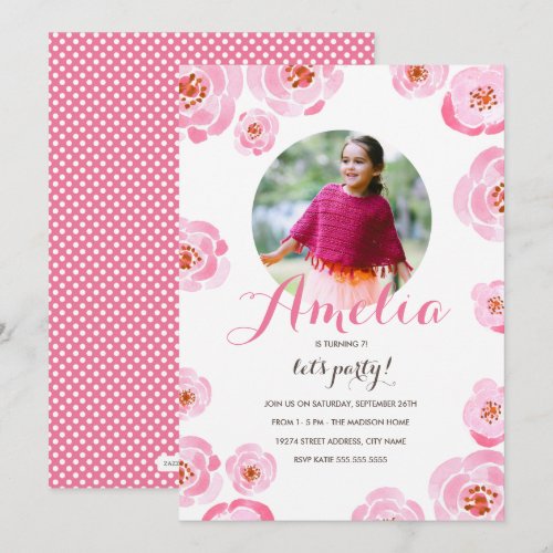 Pink Roses Photo Birthday Invite
