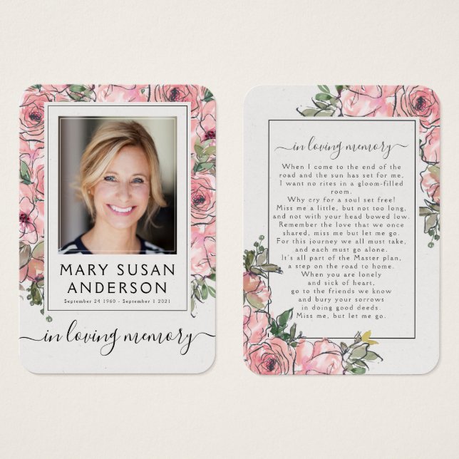 Pink Roses Photo Funeral Memorial Poem Card (Front & Back)