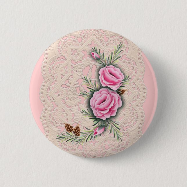 PINK ROSES & PINE by SHARON SHARPE Pinback Button (Front)