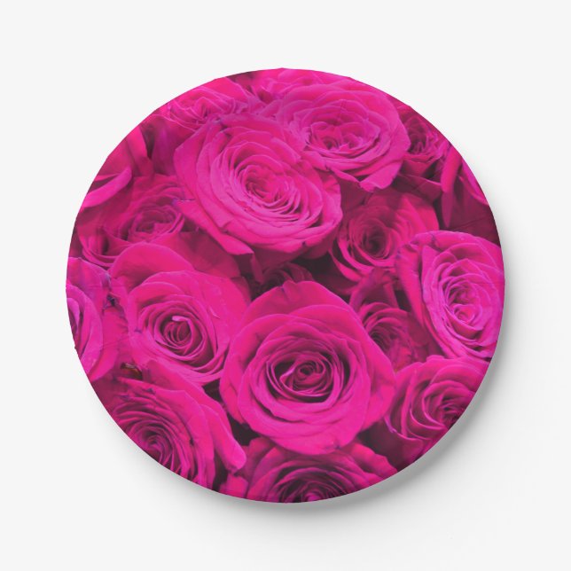 Pink roses pink flowers pink floral paper plates (Front)