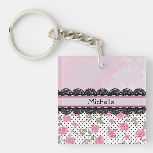 Pink Roses Polka Dots and Lace Keychain