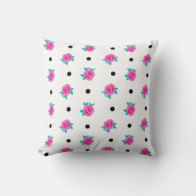 Pink Roses & Polka Dots – Whimsy Home Patterned Throw Pillow (Front)
