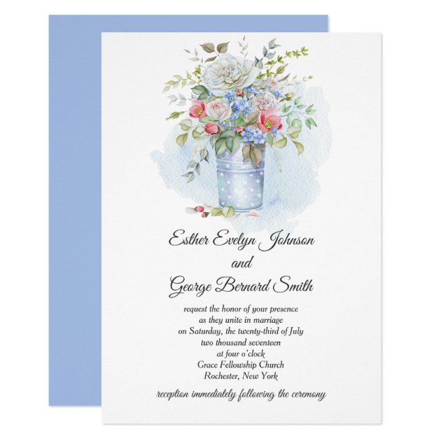 Pink Roses Poppies Blue Flowers Bouquet Wedding | Invitation