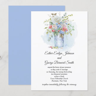 Pink Roses Poppies Blue Flowers Bouquet Wedding | Invitation