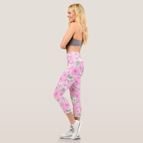 Pink roses pretty floral watercolor pattern capri leggings