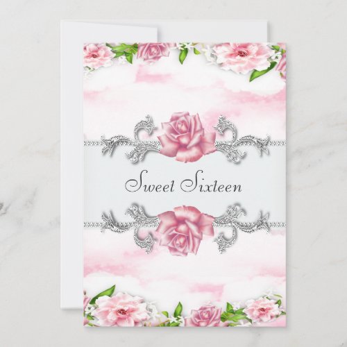 Pink Roses Pretty Pink White Sweet Sixteen Party Custom Invitation