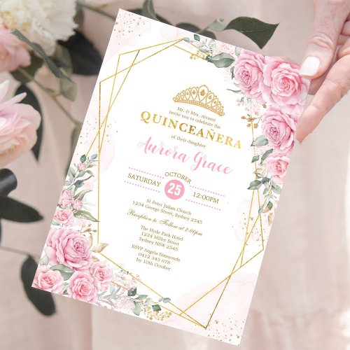 Pink Roses Princess Quinceaera Gold Geometric Invitation