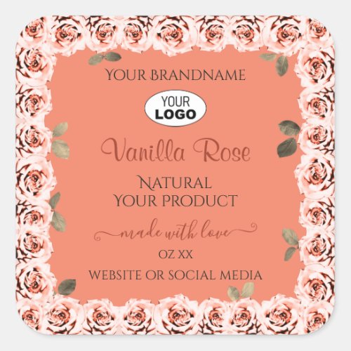 Pink Roses Product Labels Salmon Background Logo