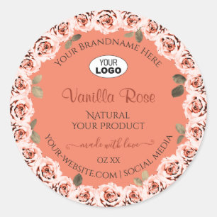 Pink Roses Product Labels Salmon Background Logo