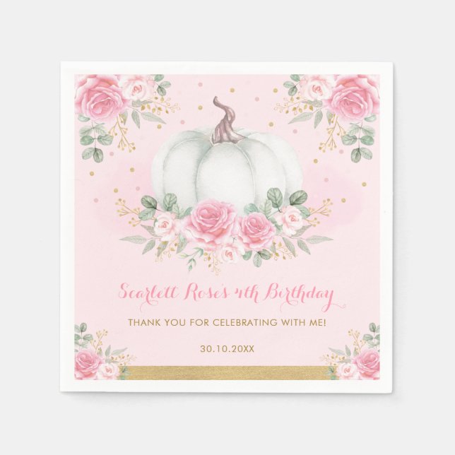 Pink Roses Pumpkin Birthday Baby Shower Favors Napkins (Front)