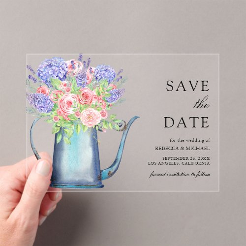 Pink Roses Purple Hydrangea Wedding Save the Date Acrylic Invitations