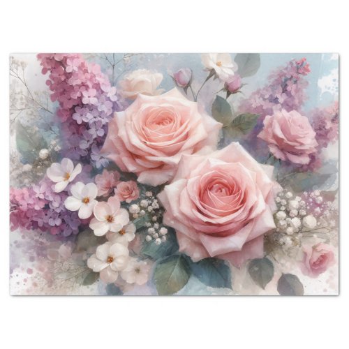 Pink Roses Purple Lilacs Watercolor Decoupage Tissue Paper