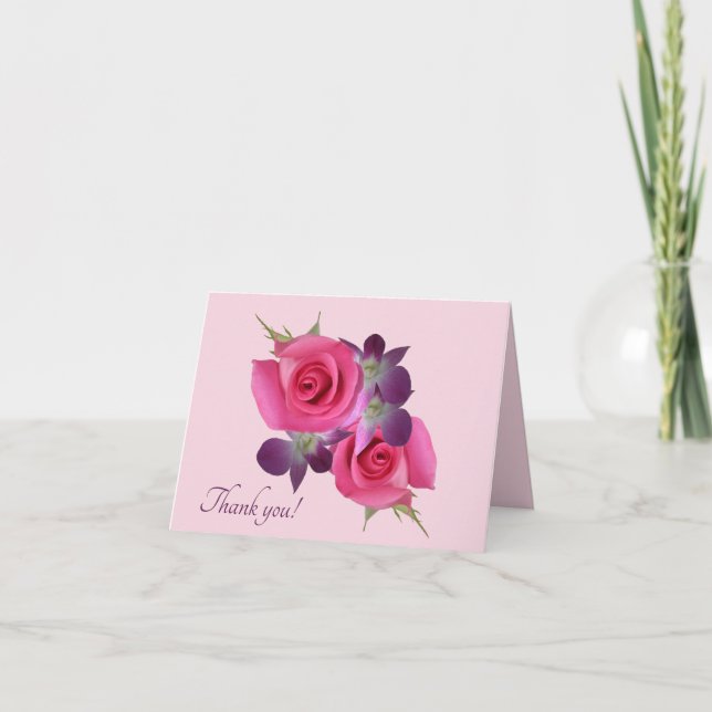 Pink Roses Purple Orchids Thank You Note Card (Front)