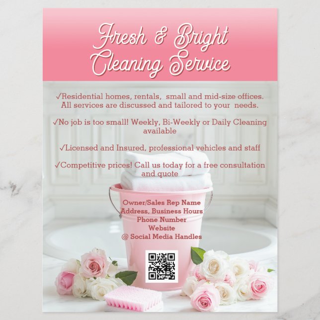Pink Roses QR Code Cleaning Service Business Flyer (Front)
