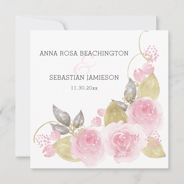 *~* Pink Roses QR - RSVP Gold Floral AR15 Wedding  Invitation (Front)