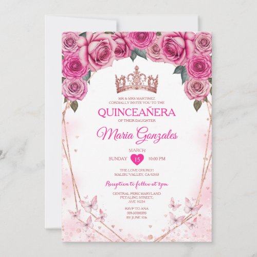 Pink Roses Quinceaera Crown Butterfly 15 Anos Invitation