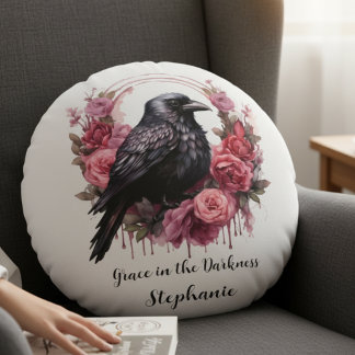Pink Roses Raven Round Pillow