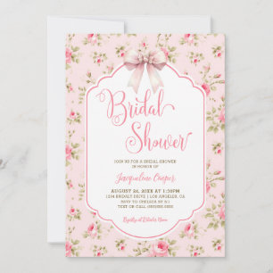 Pink Roses Ribbon Bow Bridal Shower Invitation