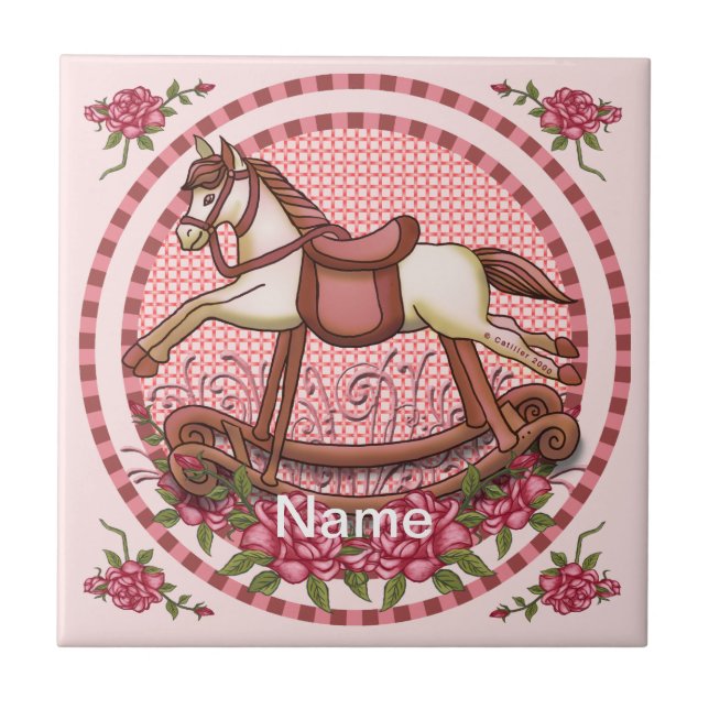 Pink Roses Rocking Horse  Ceramic Tile (Front)