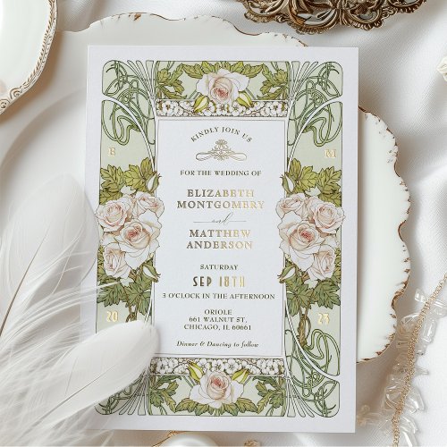 Pink Roses Romantic Art Nouveau Wedding Foil Invitation