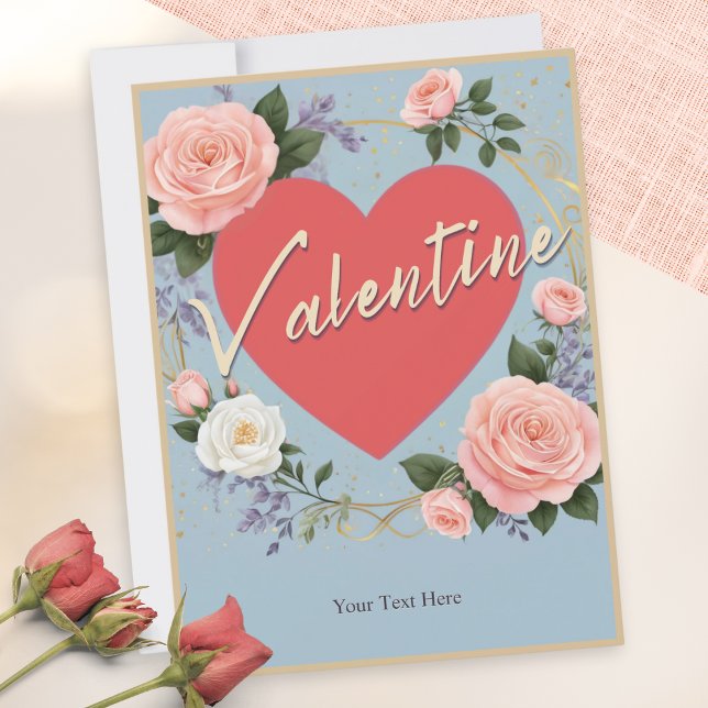Pink Roses Romantic Heart Valentine's Day Holiday Card (A customizable, vintage-inspired, Valentine's Day card, with a love heart and pink roses)