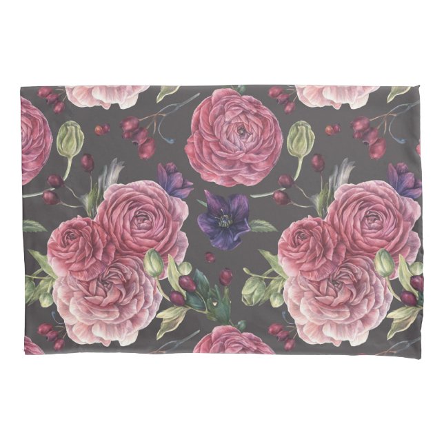 Pink Roses Romantic On Grey Pattern Pillow Case (Front)