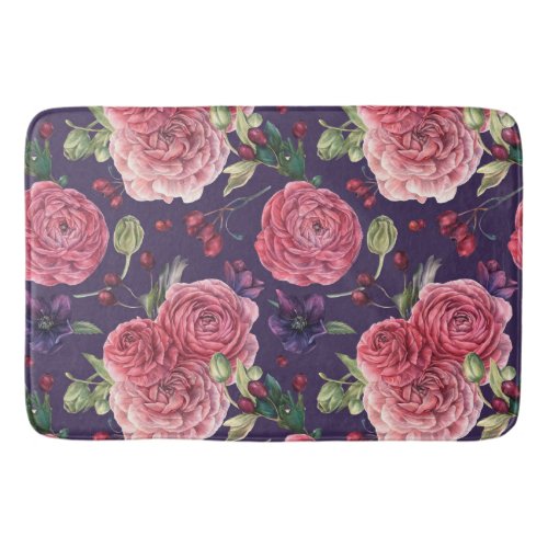 Pink Roses Romantic On Purple Pattern Bath Mat