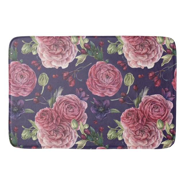 Pink Roses Romantic On Purple Pattern Bath Mat (Front)