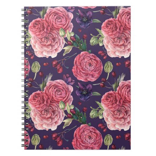 Pink Roses Romantic On Purple Pattern Notebook