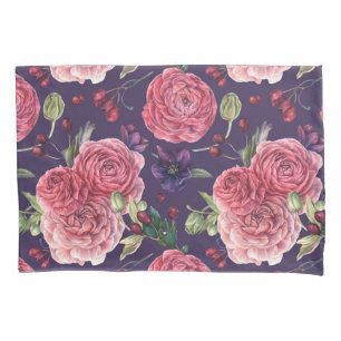 Pink Roses Romantic On Purple Pattern Pillow Case
