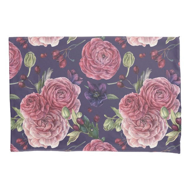 Pink Roses Romantic On Purple Pattern Pillow Case (Front)