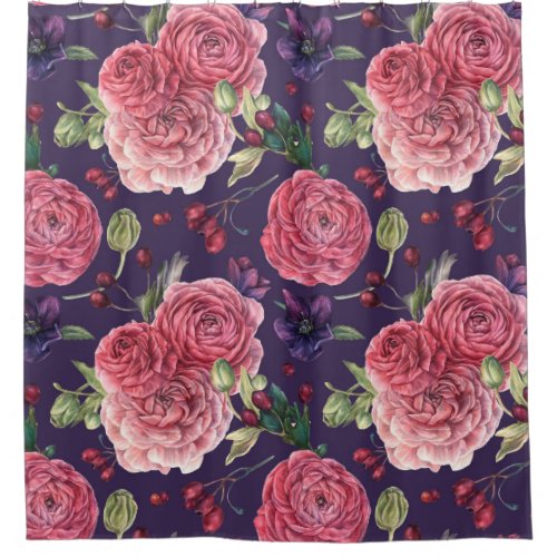 Pink Roses Romantic On Purple Pattern Shower Curtain