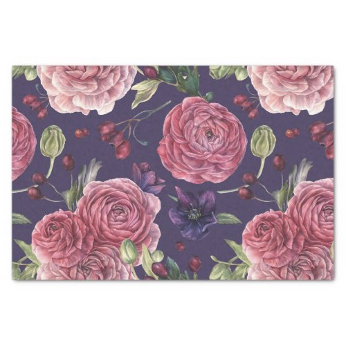 Pink Roses Romantic On Purple Pattern Tissue Paper